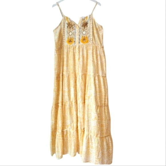 AYFEÈ Florence Italy Floral Embroidered Dress Cotton Yellow Golden Maxi Size XL - Picture 1 of 7